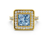 Yellow gold Fancy Blue Princess  Diamond Halo Ring with Milgrain Frame and Pavé Band_60