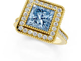 Yellow gold Fancy Blue Princess  Diamond Halo Ring with Milgrain Frame and Pavé Band_61