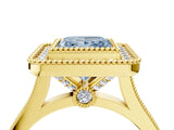 Yellow gold Fancy Blue Princess  Diamond Halo Ring with Milgrain Frame and Pavé Band_64