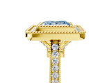 Yellow gold Fancy Blue Princess  Diamond Halo Ring with Milgrain Frame and Pavé Band_65