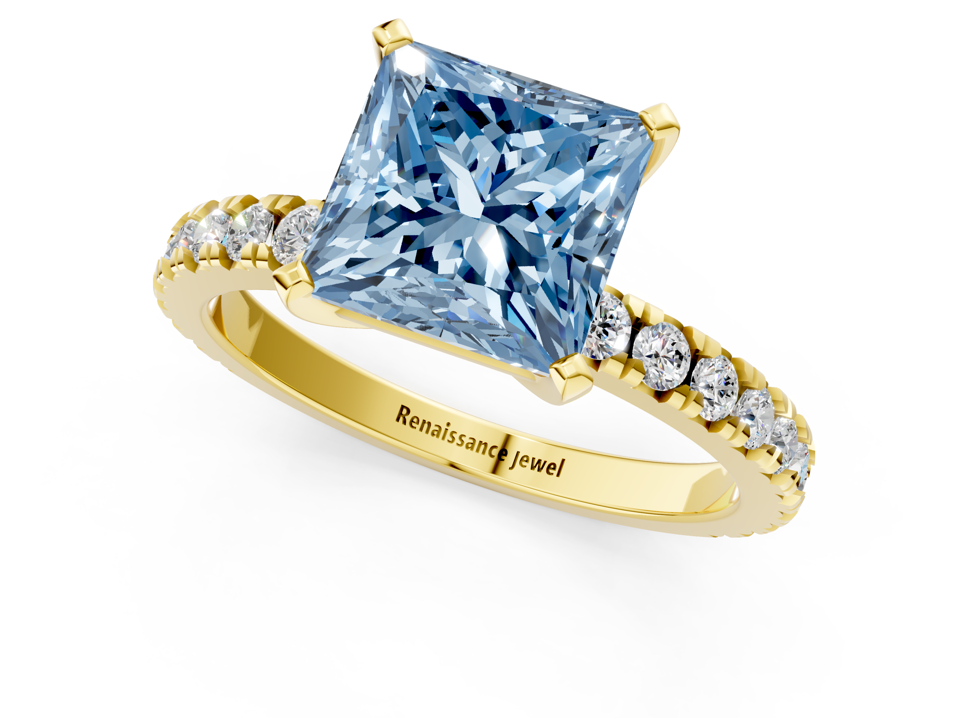 Yellow gold Fancy Blue Princess  Diamond Pavé Band Solitaire with Four-Prong Setting_202