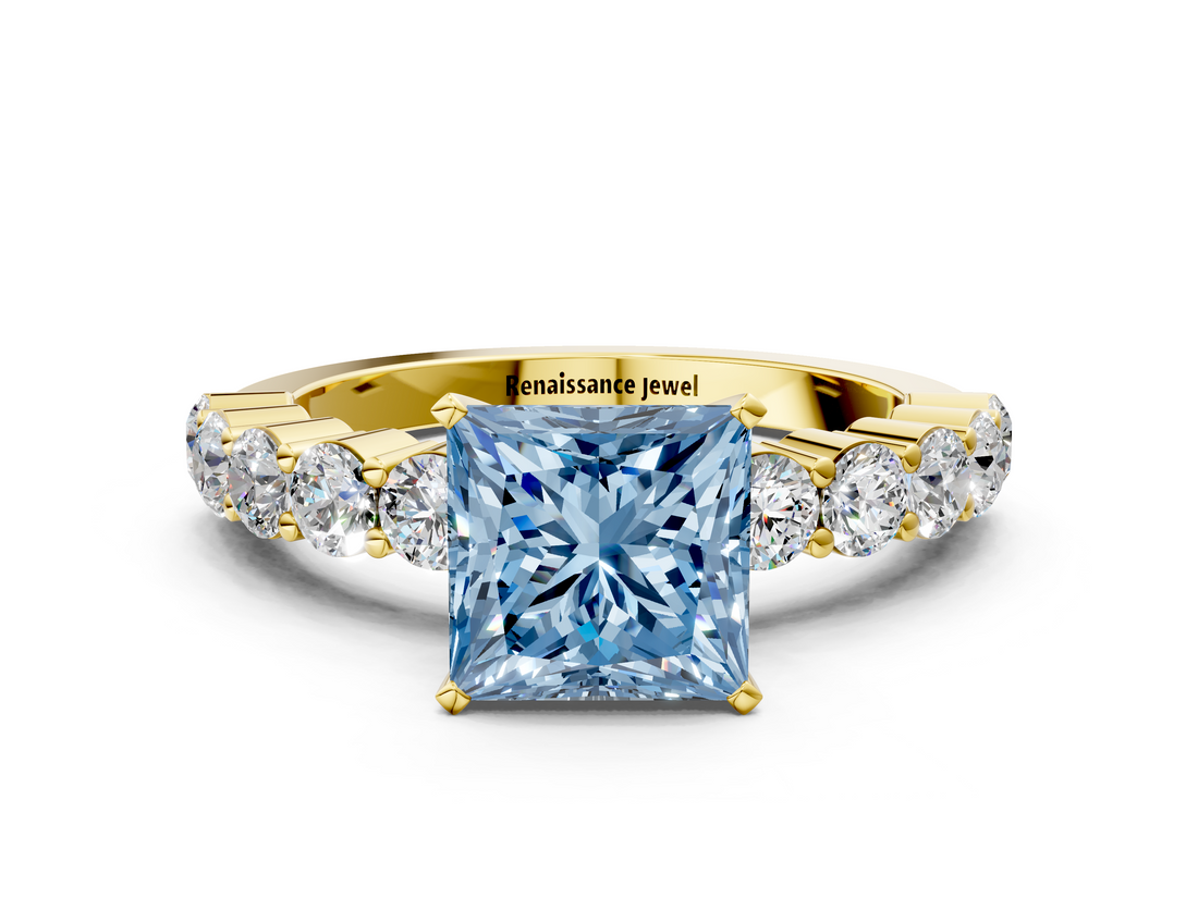 Yellow gold Fancy Blue Princess  Diamond Pavé Band Solitaire with Four-Prong Setting_3