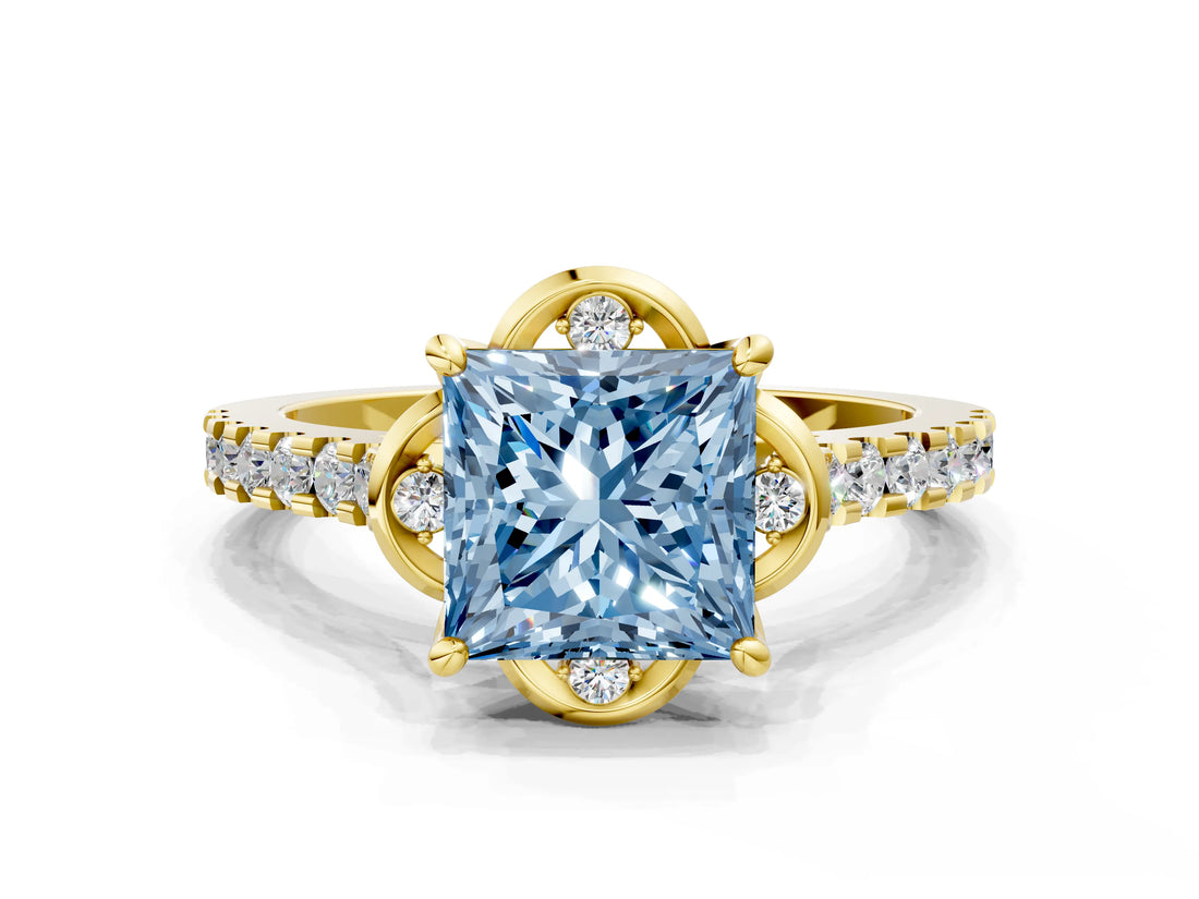 Yellow gold Fancy Blue Princess  Diamond Pave Band with Floral Prong Setting_27