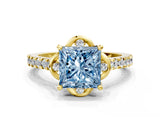 Yellow gold Fancy Blue Princess  Diamond Pave Band with Floral Prong Setting_27