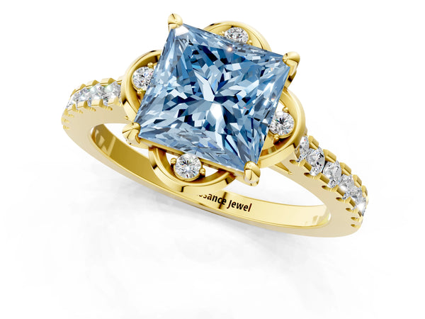 Yellow Gold Princess Cut Floral Petal Pave Engagement Ring Setting for Fancy Blue Center