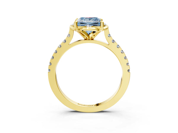 Yellow Gold Princess Cut Floral Petal Pave Engagement Ring Setting for Fancy Blue Center