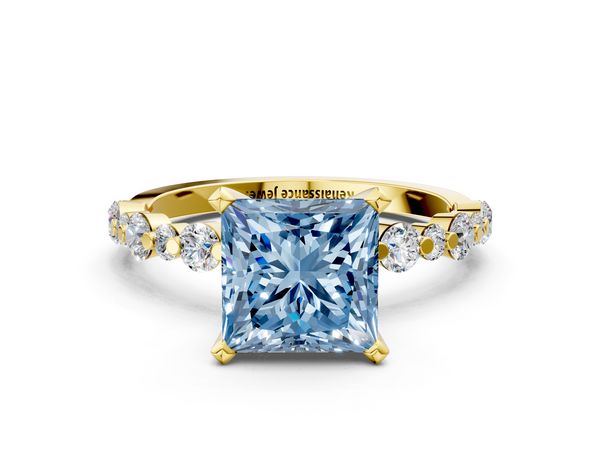 Yellow gold Fancy Blue Princess Cut Diamond Prong Set Engagement Ring with Pavé Band
