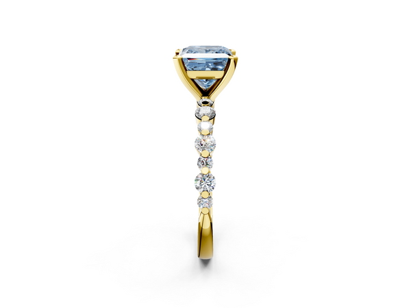 Yellow gold Fancy Blue Princess Cut Diamond Prong Set Engagement Ring with Pavé Band