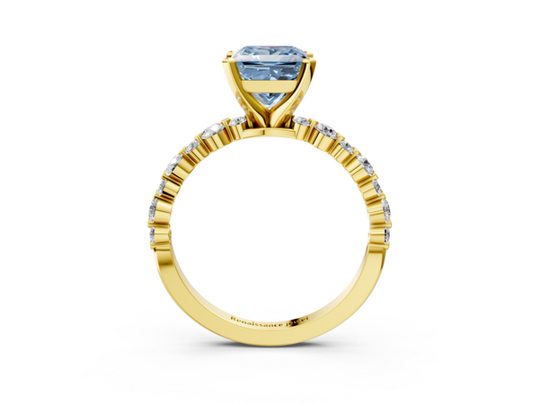 Yellow gold Fancy Blue Princess Cut Diamond Prong Set Engagement Ring with Pavé Band