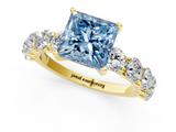 Yellow gold Fancy Blue Princess  Diamond Prong Setting with Side Stones on a Pave Band_142