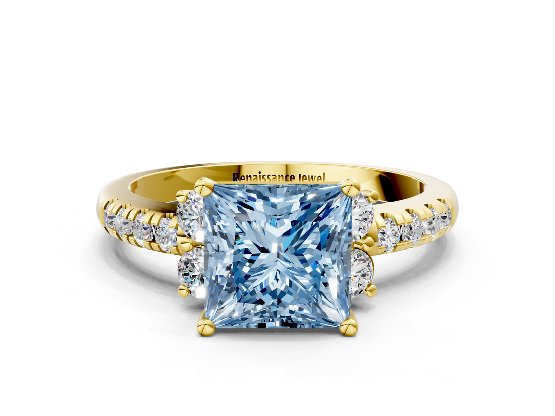 Yellow gold Fancy Blue Princess  Diamond Three-Stone Pave Band with Four-Prong Setting_20