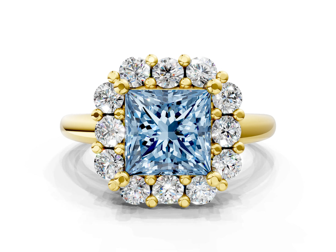 Yellow gold Fancy Blue Princess  Halo Cluster Diamond Engagement Ring with Prong Setting and Polished Band_20