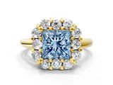 Yellow gold Fancy Blue Princess  Halo Cluster Diamond Engagement Ring with Prong Setting and Polished Band_20