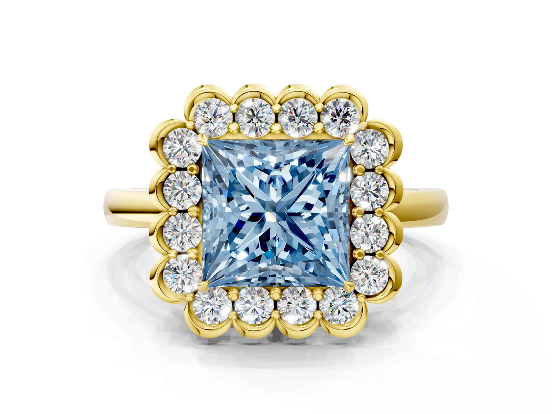 Yellow gold Fancy Blue Princess  Halo Cluster Diamond Engagement Ring with Solitaire Band and Prong Setting_49