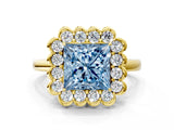 Yellow gold Fancy Blue Princess  Halo Cluster Diamond Engagement Ring with Solitaire Band and Prong Setting_49