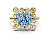 Yellow gold Fancy Blue Princess  Halo Diamond Cluster Engagement Ring with Milgrain Bezel Setting and Solitaire Band_27