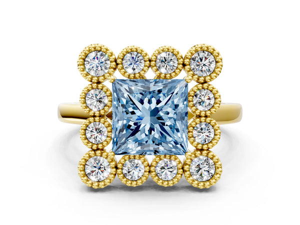 Yellow gold Fancy Blue Princess  Halo Diamond Cluster Engagement Ring with Milgrain Bezel Setting and Solitaire Band
