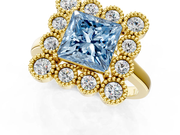 Yellow gold Fancy Blue Princess  Halo Diamond Cluster Engagement Ring with Milgrain Bezel Setting and Solitaire Band