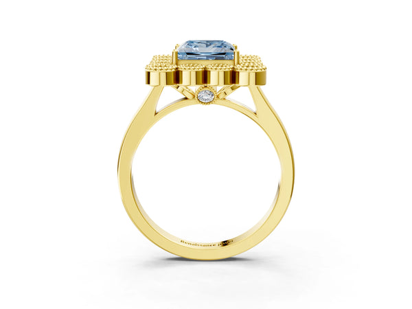 Yellow gold Fancy Blue Princess  Halo Diamond Cluster Engagement Ring with Milgrain Bezel Setting and Solitaire Band