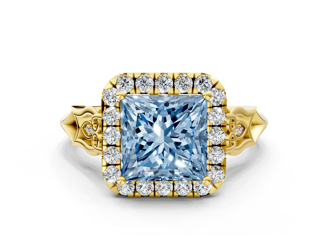 Yellow gold Fancy Blue Princess  Halo Diamond Engagement Ring with Filigree Band and Four-Prong Setting_77