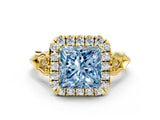 Yellow gold Fancy Blue Princess  Halo Diamond Engagement Ring with Filigree Band and Four-Prong Setting_77