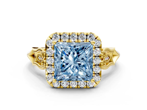 Yellow gold Fancy Blue Princess  Halo Diamond Engagement Ring with Filigree Band and Four-Prong Setting
