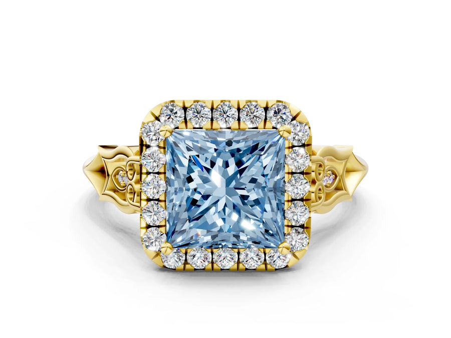Yellow gold Fancy Blue Princess  Halo Diamond Engagement Ring with Filigree Band and Four-Prong Setting