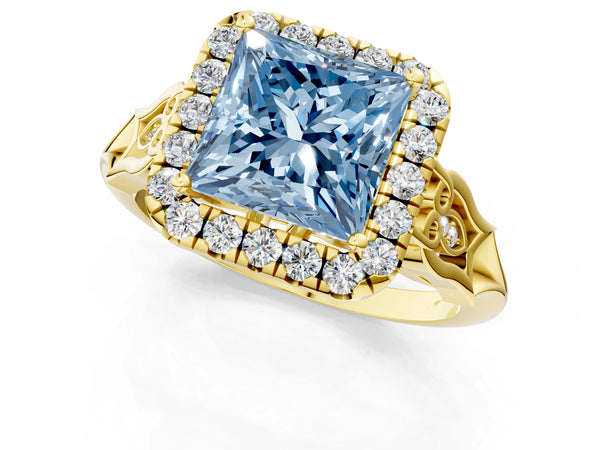 Yellow gold Fancy Blue Princess  Halo Diamond Engagement Ring with Filigree Band and Four-Prong Setting