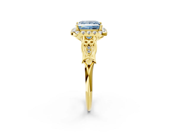 Yellow gold Fancy Blue Princess  Halo Diamond Engagement Ring with Filigree Band and Four-Prong Setting