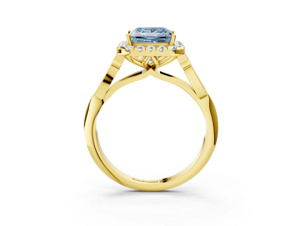 Yellow gold Fancy Blue Princess  Halo Diamond Engagement Ring with Filigree Band and Four-Prong Setting