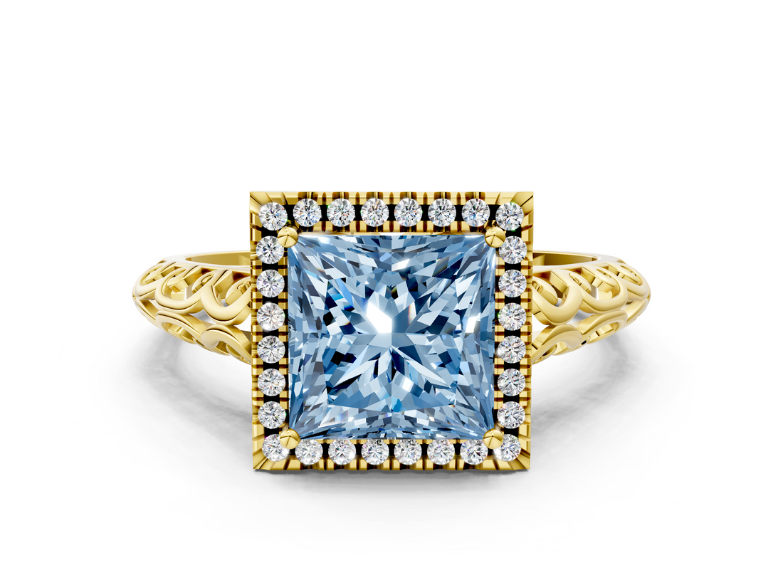 Yellow gold Fancy Blue Princess  Halo Diamond Engagement Ring with Intricate Filigree Band and Four-Prong Setting_37