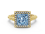Yellow gold Fancy Blue Princess  Halo Diamond Engagement Ring with Intricate Filigree Band and Four-Prong Setting_37