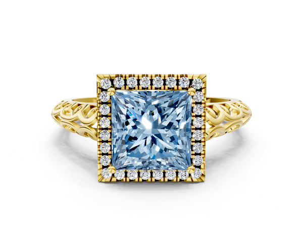 Yellow gold Fancy Blue Princess  Halo Diamond Engagement Ring with Intricate Filigree Band and Four-Prong Setting