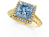 Yellow gold Fancy Blue Princess  Halo Diamond Engagement Ring with Intricate Filigree Band and Four-Prong Setting_38
