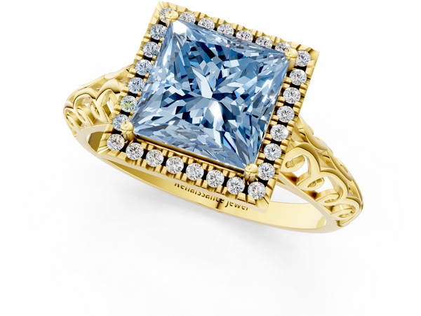 Yellow gold Fancy Blue Princess  Halo Diamond Engagement Ring with Intricate Filigree Band and Four-Prong Setting