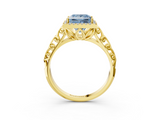 Yellow gold Fancy Blue Princess  Halo Diamond Engagement Ring with Intricate Filigree Band and Four-Prong Setting_40