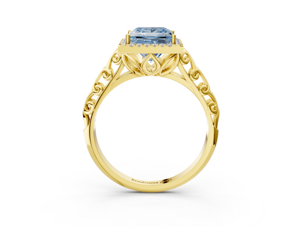 Yellow gold Fancy Blue Princess  Halo Diamond Engagement Ring with Intricate Filigree Band and Four-Prong Setting