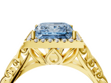 Yellow gold Fancy Blue Princess  Halo Diamond Engagement Ring with Intricate Filigree Band and Four-Prong Setting_41