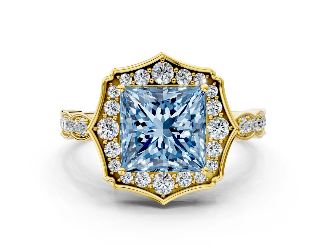 Yellow gold Fancy Blue Princess  Halo Diamond Engagement Ring with Milgrain Band and Four-Prong Setting_37