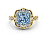 Yellow gold Fancy Blue Princess  Halo Diamond Engagement Ring with Milgrain Band and Four-Prong Setting_37