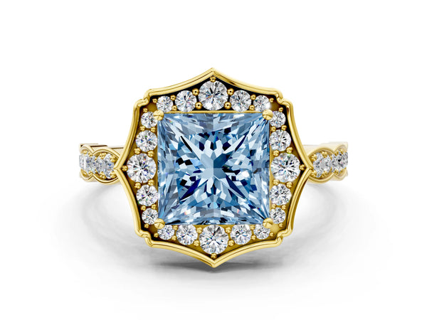 Yellow gold Fancy Blue Princess  Halo Diamond Engagement Ring with Milgrain Band and Four-Prong Setting