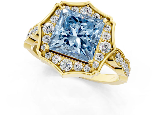 Yellow gold Fancy Blue Princess  Halo Diamond Engagement Ring with Milgrain Band and Four-Prong Setting