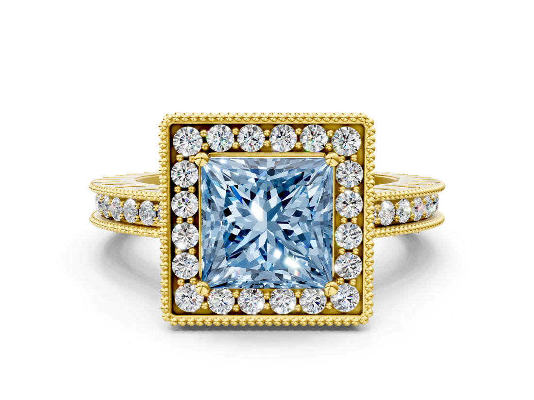 Yellow gold Fancy Blue Princess  Halo Diamond Engagement Ring with Milgrain Pave Band and Four-Prong Setting_171