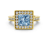 Yellow gold Fancy Blue Princess  Halo Diamond Engagement Ring with Milgrain Pave Band and Four-Prong Setting_171