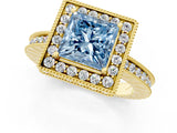 Yellow gold Fancy Blue Princess  Halo Diamond Engagement Ring with Milgrain Pave Band and Four-Prong Setting_172
