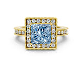 Yellow gold Fancy Blue Princess  Halo Diamond Engagement Ring with Milgrain Pave Band and Four-Prong Setting_183