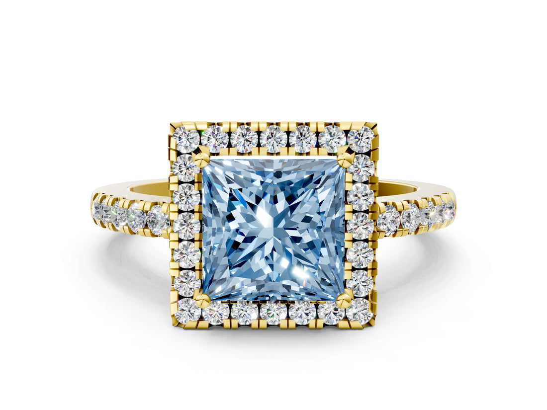 Yellow gold Fancy Blue Princess  Halo Diamond Engagement Ring with Pavé Band and Four-Prong Setting_45