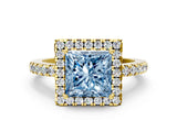Yellow gold Fancy Blue Princess  Halo Diamond Engagement Ring with Pavé Band and Four-Prong Setting_45