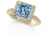 Yellow gold Fancy Blue Princess  Halo Diamond Engagement Ring with Pavé Band and Four-Prong Setting_46