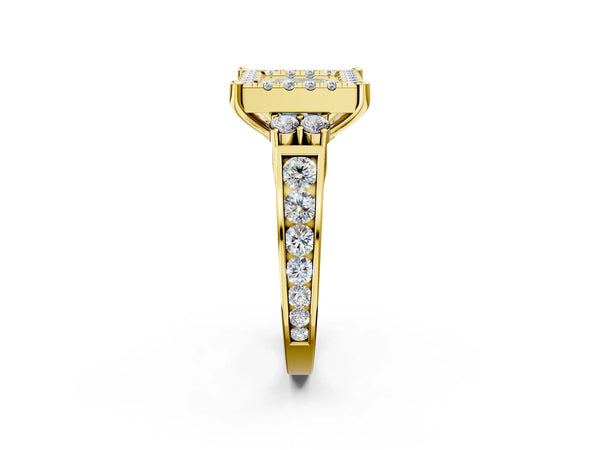 Yellow Gold Princess Cut Graduated Channel Halo Engagement Ring Setting for Fancy Blue Center